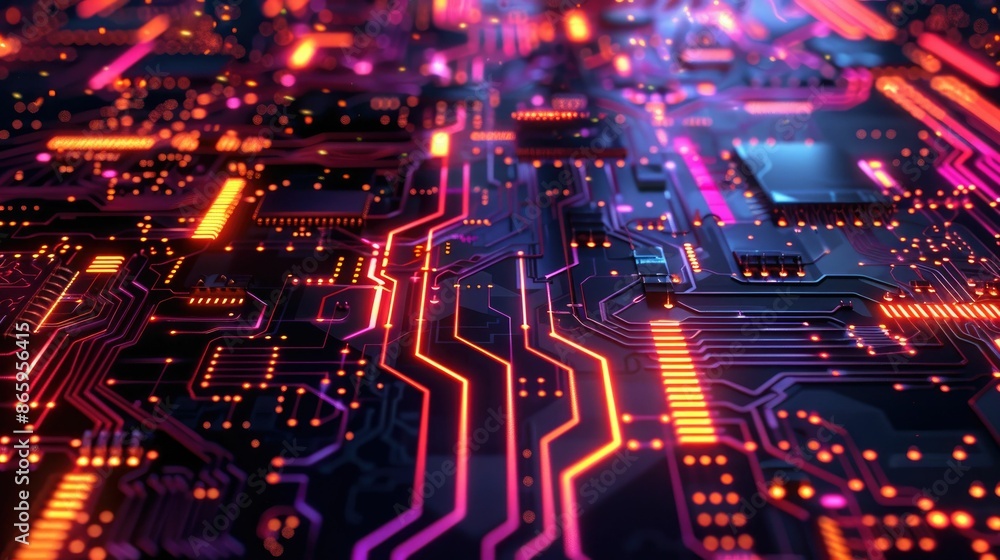 Close-up of an illuminated circuit board with vibrant red and blue lights, representing modern technology and electronic innovation. Close-up of an illuminated circuit board with vibrant red and blue lights, representing modern technology and electronic innovation.