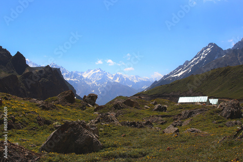 Canvas Print a grassy meadow in between Himalayan mountains