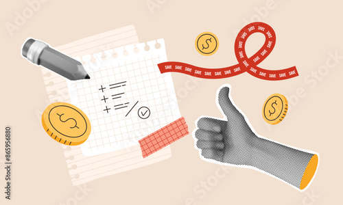Save money concept with collage elements. Simple coins, halftone hand with thumb up gesture. Pencil counting of funds on note. Budget saving vector illustration. Well done finance job.