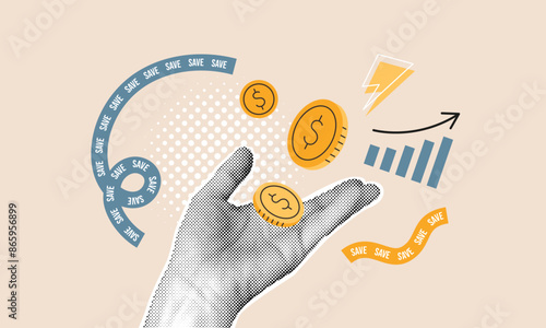 Halftone hand catches illustrated coins. Saving money, financial success collage concept. Words save on bunting tape, grow up graphic. Business image montage design. Vector art.