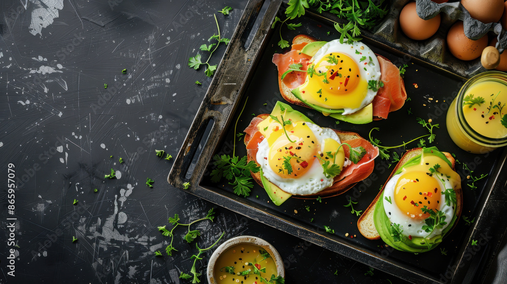Gourmet breakfast toasts with avocado, fried eggs, prosciutto and fresh herbs on slate background Gourmet breakfast toasts with avocado, fried eggs, prosciutto and fresh herbs on slate background