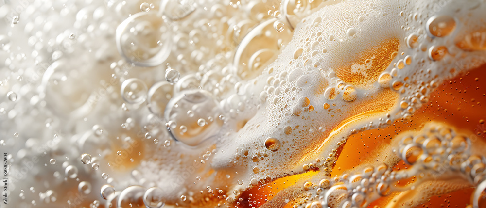 Close-Up of Refreshing Carbonated Beverage with Bubbles and Foam in Golden Light Close-Up of Refreshing Carbonated Beverage with Bubbles and Foam in Golden Light