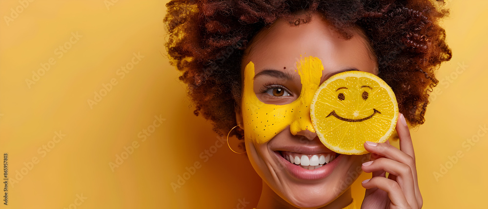 Cheerful Woman with Yellow Face Paint Holding Smiling Lemon Slice Against Yellow Background Cheerful Woman with Yellow Face Paint Holding Smiling Lemon Slice Against Yellow Background