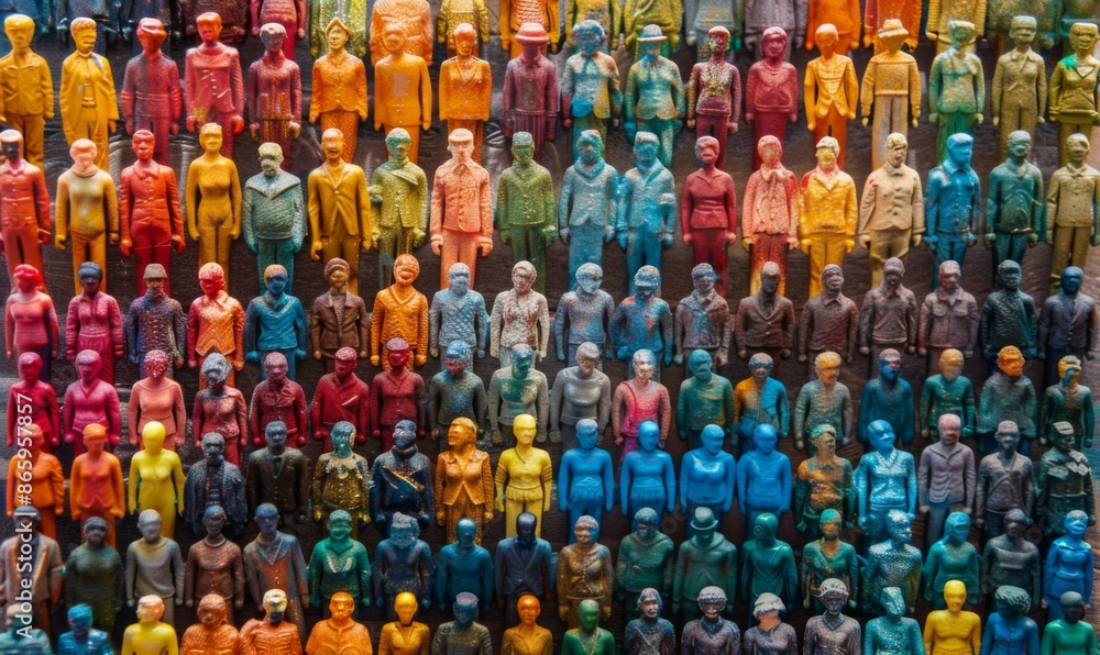 A large group of colored plastic figurines are displayed on a wall. AI. A large group of colored plastic figurines are displayed on a wall. AI.