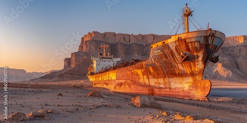 A rusty ship sitting in the desert near a mountain range. AI. photo