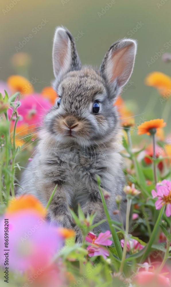 A small rabbit sitting in a field of flowers with blue eyes. AI. A small rabbit sitting in a field of flowers with blue eyes. AI.
