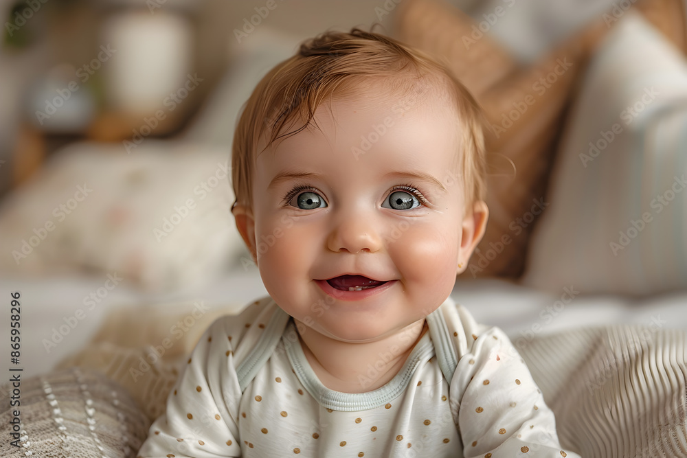 Adorable Baby with Bright Eyes and Polka Dot Onesie Smiling on a Cozy Bed Adorable Baby with Bright Eyes and Polka Dot Onesie Smiling on a Cozy Bed