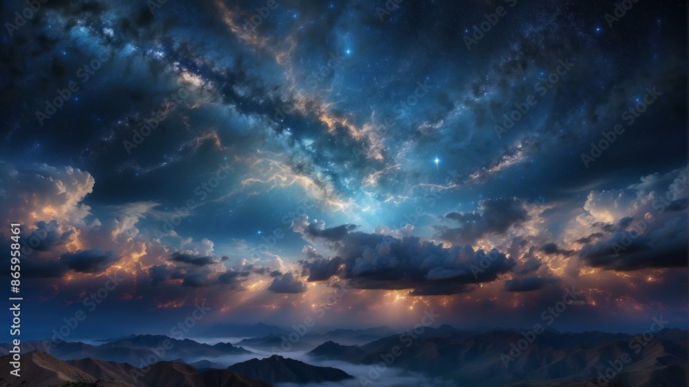 A beautiful view of the sky above mountains and clouds. AI. A beautiful view of the sky above mountains and clouds. AI.