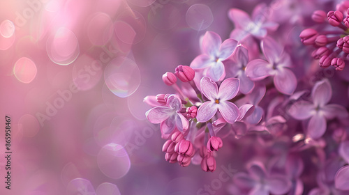 Delicate fragrant lilac flowers with pink petals bloom in the bright late warm spring, illuminated by daylight,Beautiful blooming lilac on blurred background