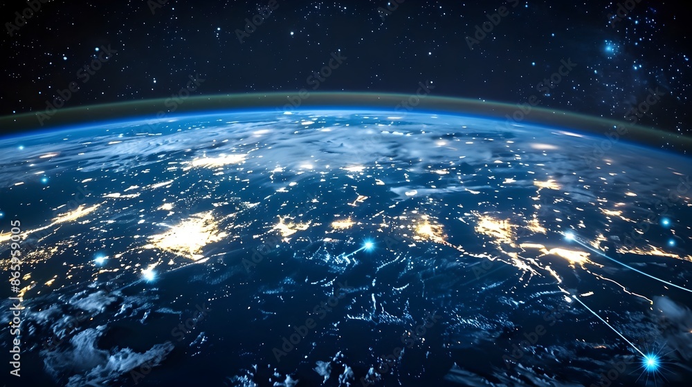 Obraz premium Illuminated Global Network Connection with Serene Celestial Backdrop