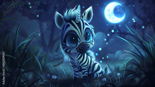 a black and white zebra stands in the grass under a full moon, surrounded by blue and white flowers, with its distinctive black nose and white ear visible photo