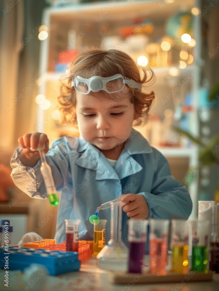 A little girl in a lab coat playing with science. AI. A little girl in a lab coat playing with science. AI.