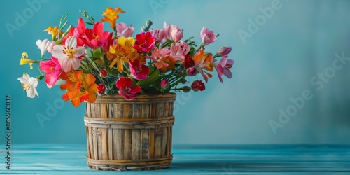 A wooden basket with colorful flowers on a blue table. AI.