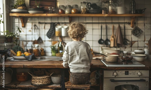 A little boy sitting on a stool in front of the kitchen sink. AI. photo