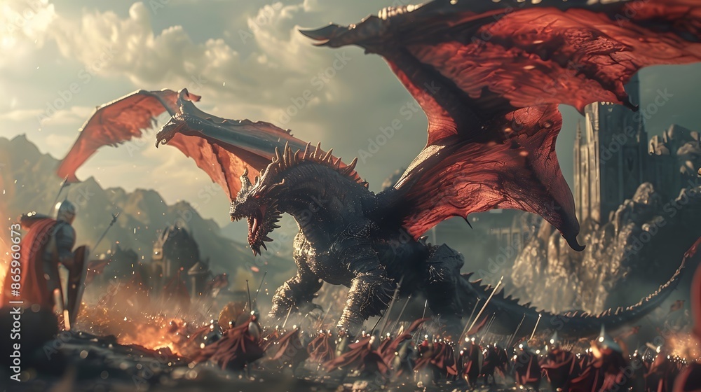 Cataclysmic fantasy battle scene featuring fierce dragons engaging in ...