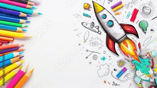 Creative school supplies forming a rocket, hand-drawn style, back to school theme, white background, copy space on the left.