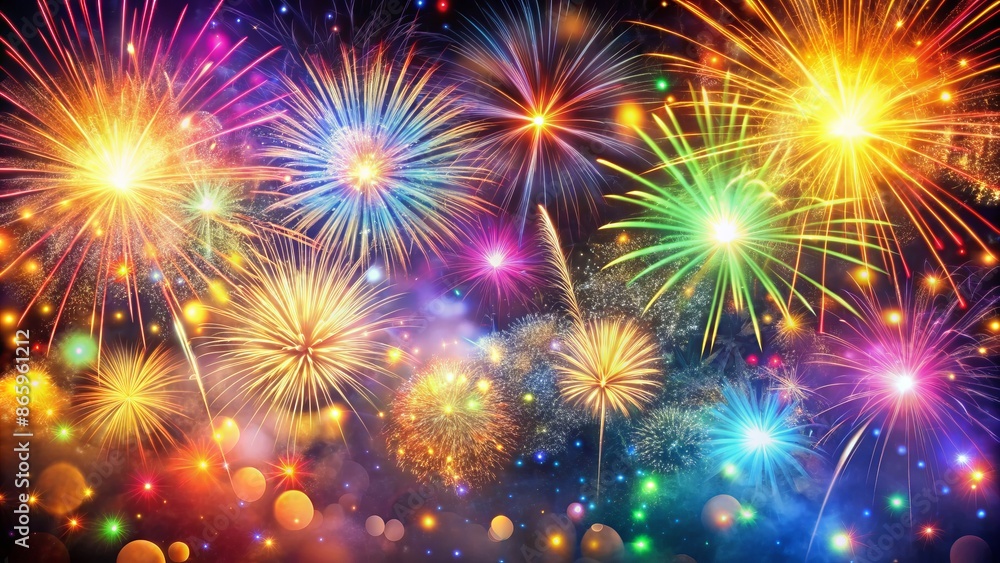 Fototapeta premium Vibrant explosions of colorful lights against a gradient backdrop, capturing the essence of a magical New Years Eve celebration atmosphere.