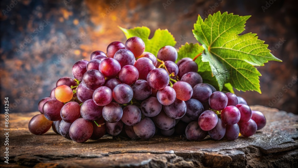 Lush purple grapes overflow from a cluster, softly illuminated, and delicately arranged on a rough, weathered stone surface background. Lush purple grapes overflow from a cluster, softly illuminated, and delicately arranged on a rough, weathered stone surface background.