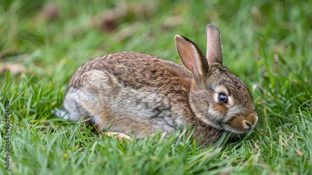 Young wild rabbit grooming on grass in North Yorkshire UK Young wild rabbit grooming on grass in North Yorkshire UK
