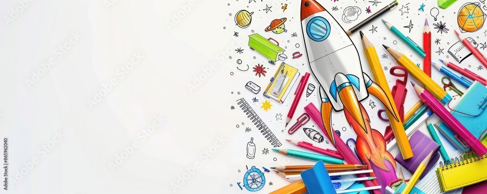Creative school supplies forming a rocket, hand-drawn style, back to school theme, white background, copy space on one side. Creative school supplies forming a rocket, hand-drawn style, back to school theme, white background, copy space on one side.