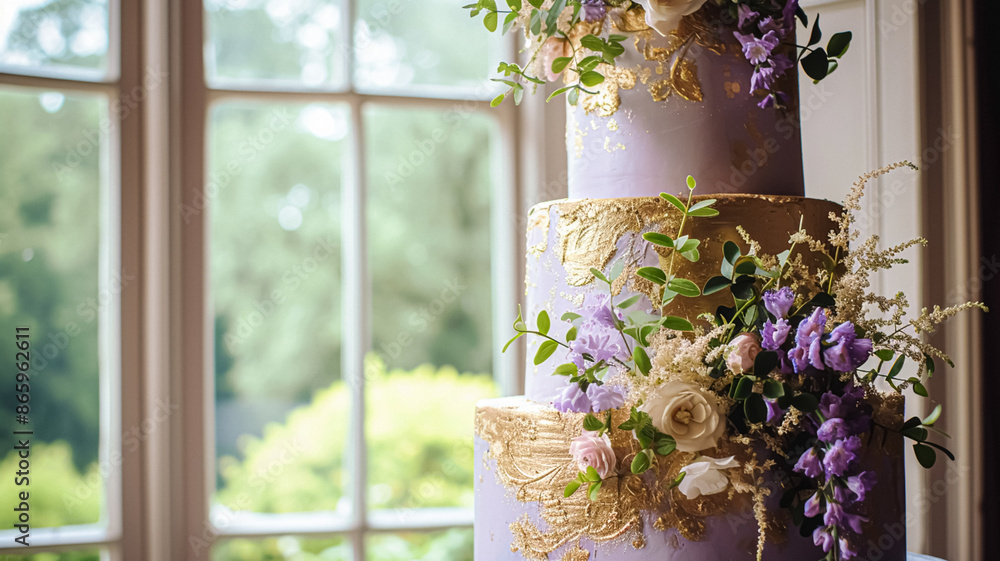 Wedding table decoration with lavender flowers, sweets and cake Wedding table decoration with lavender flowers, sweets and cake