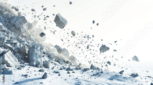 terraformed rocks floating in white space on a white background , a sparse asteroid belt, shards of a broken up planet, photo real, hyper real, AI Generative photo