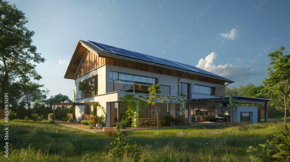 The sky is blue, a large house with solar panels on it, with a realistic composition style, youthful energy, a serene and peaceful atmosphere, AI Generative The sky is blue, a large house with solar panels on it, with a realistic composition style, youthful energy, a serene and peaceful atmosphere, AI Generative
