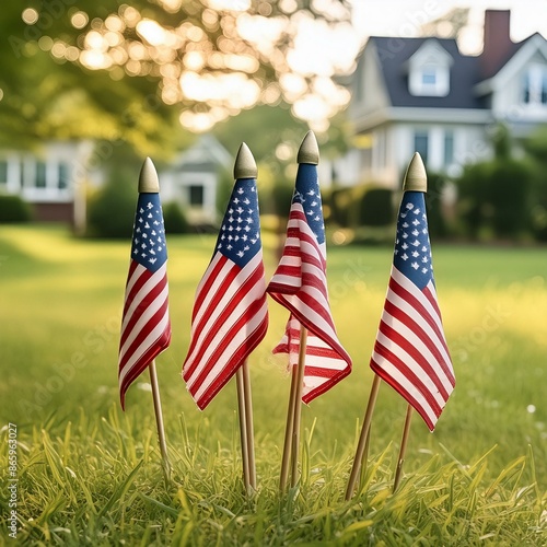  photo of four small American flags on wooden sticks standing in the grass,