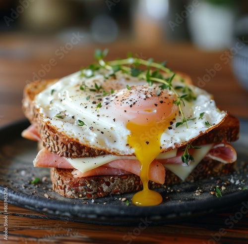 Fried Egg, Ham, and Cheese Sandwich on Toasted Bread
