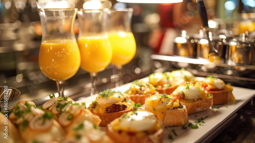 Gourmet brunch buffet with eggs benedict and fresh orange juice served on elegant platter photo
