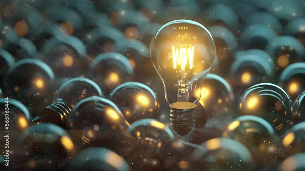 creative concept with one glowing transparent light bulb standing out ...