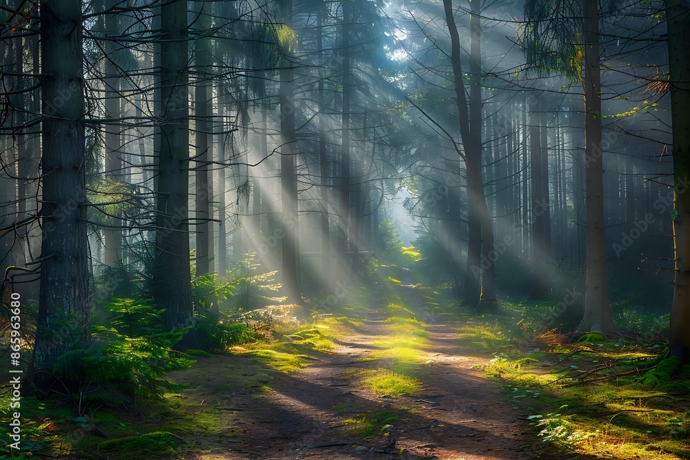 Fototapeta premium A mystical forest path with light rays filtering through the trees