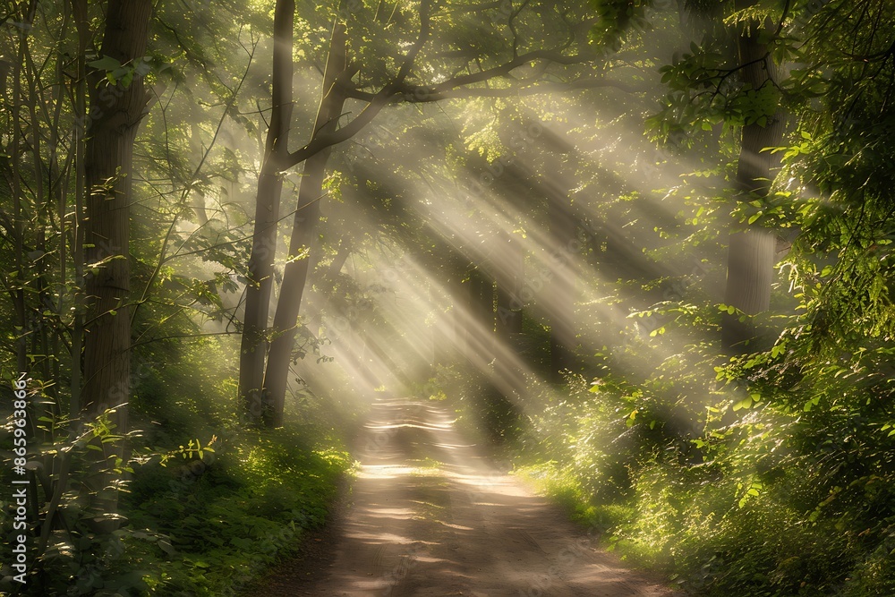 Obraz premium A mystical forest path with light rays filtering through the trees