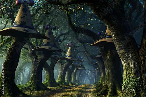 A mystical forest with trees shaped like jester hats photo