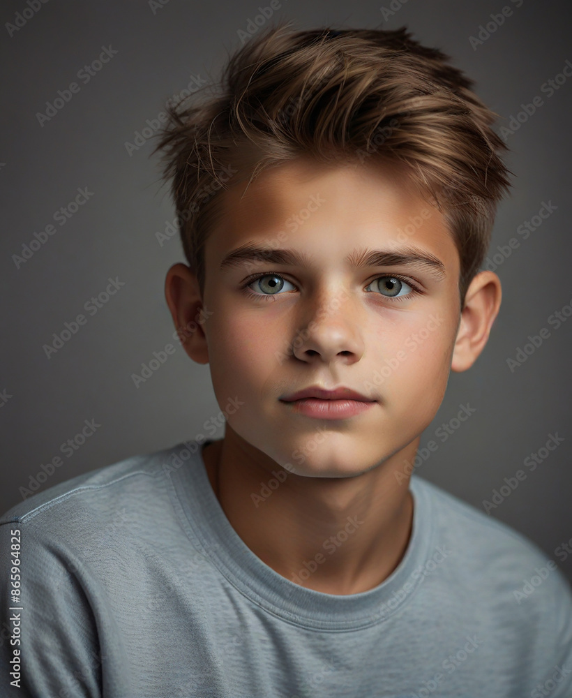 A Teenage boy with stylish haircut wearing shirt looking seriously at camera against gray background. A Teenage boy with stylish haircut wearing shirt looking seriously at camera against gray background.