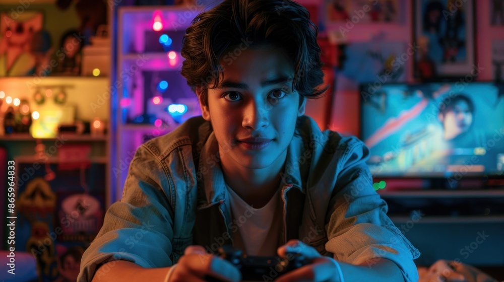 Obraz premium Excited Gamer Playing Video Games in a Neon-Lit Room at Night