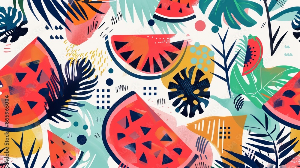 A hand-drawn seamless pattern with watermelon, Aztec designs, and tropical palm leaves motifs. Ideal for weddings, birthdays, fashion fabric, and save-the-date decorations.