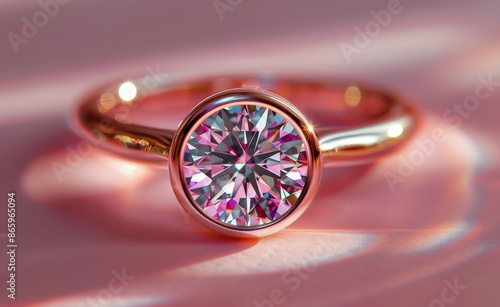 Close Up of a Rose Gold Ring With a Large, Sparkling Diamond
