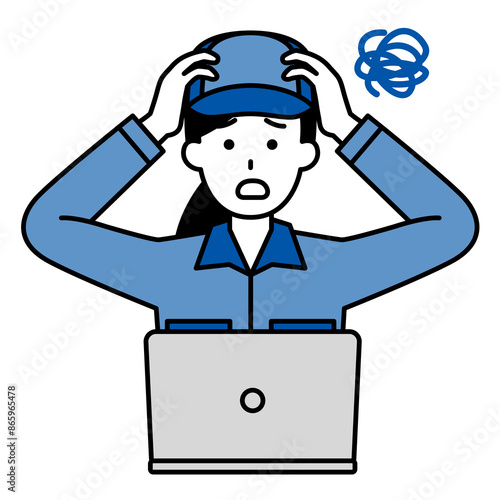 トラブルになるノートパソコンで仕事をしているつなぎ作業服の女性