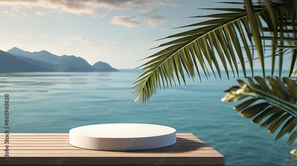 Obraz premium Empty Podium for Product Presentation with Palm Leaf on Seascape Background
