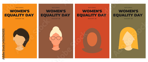 Women's Equality Day. Feminism holiday. Set of poster, flyer, card with different women. Vector illustration in flat style.