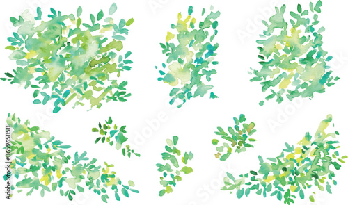 水彩画。夏の新緑風景。森の木々ベクターイラスト。エコイメージの新緑背景。Watercolor painting. Summer fresh green landscape. Forest trees vector illustration. Eco-image fresh green background.