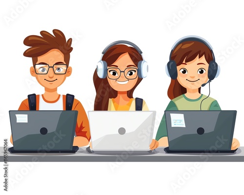 Three happy students studying online with laptops and headphones.