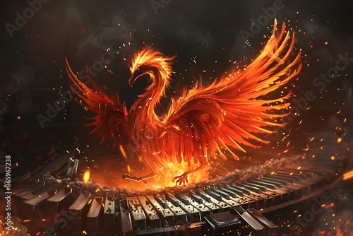 A phoenix rising from ashes, its wings made of piano keys
