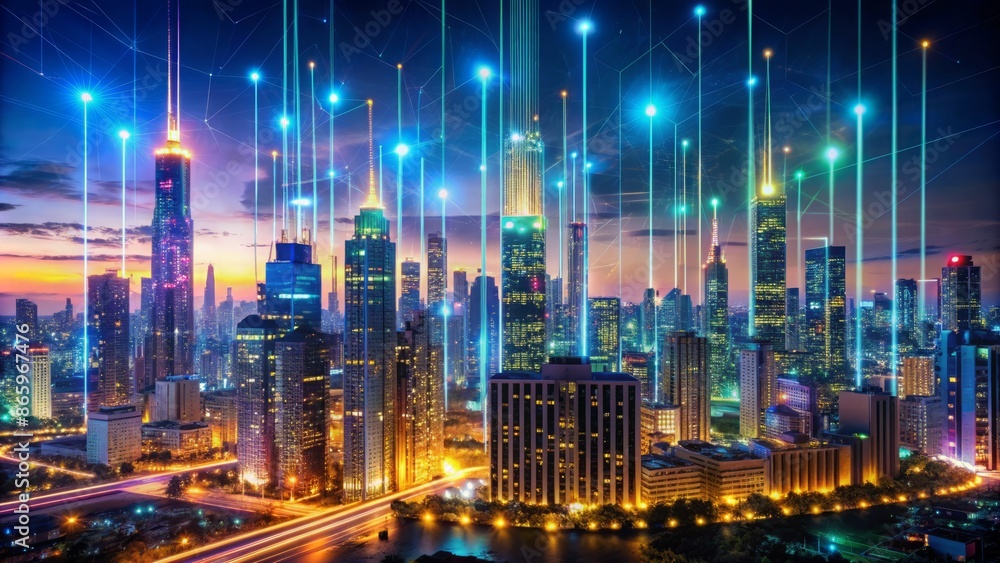 Fototapeta premium Vibrant metropolis skyline consumed by swirling neon data tendrils, binary code, and glowing Circuit boards, set against a dark night sky.
