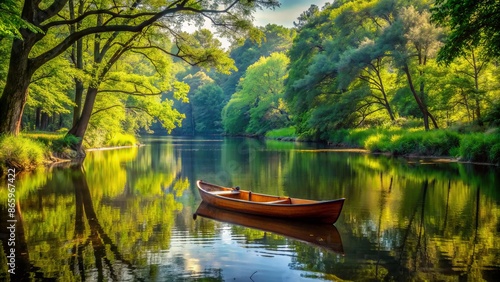Serene river landscape featuring an empty canoe drifting gently on calm waters surrounded by lush greenery and overhanging trees.