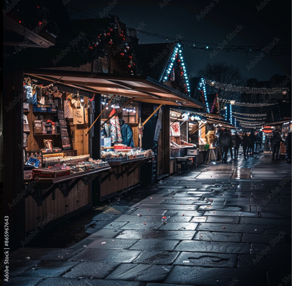 Obraz premium modern christmas market with a few stalls at night. it is pitch black, vaguely see the edges of the stands, is almost dark black