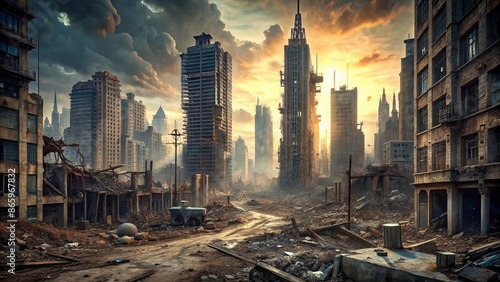 Desolate, ravaged urban landscape with crumbling skyscrapers, rubble-strewn streets, and twisted metal debris, devoid of human presence, in haunting, gritty detail.