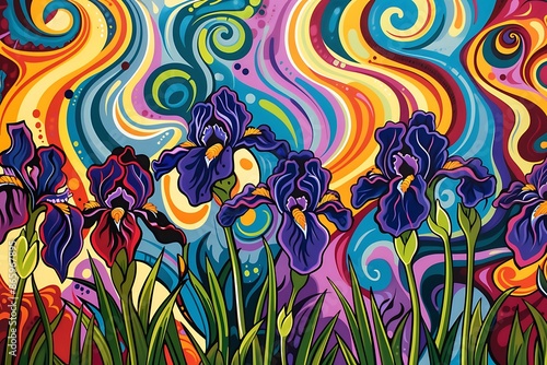 A psychedelic pattern of irises with swirling colors