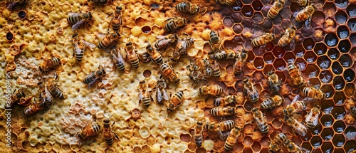 Honey bees on a honeycomb frame, hive activity, bee product